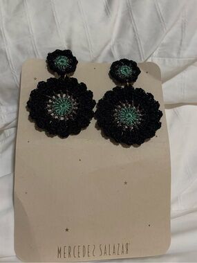 Mercedes Salazar Black and Green Crochet Drop Earrings